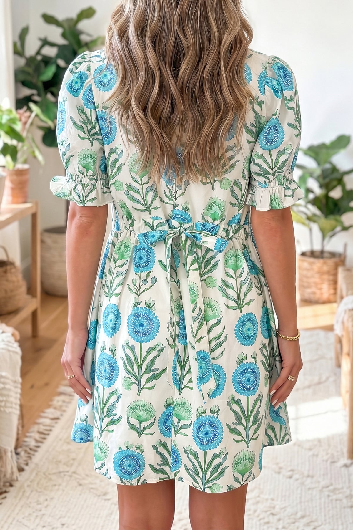 Sky Blue Floral Print Half Button Frilly Short Sleeve Dress PREORDER ETA 3 WEEKS