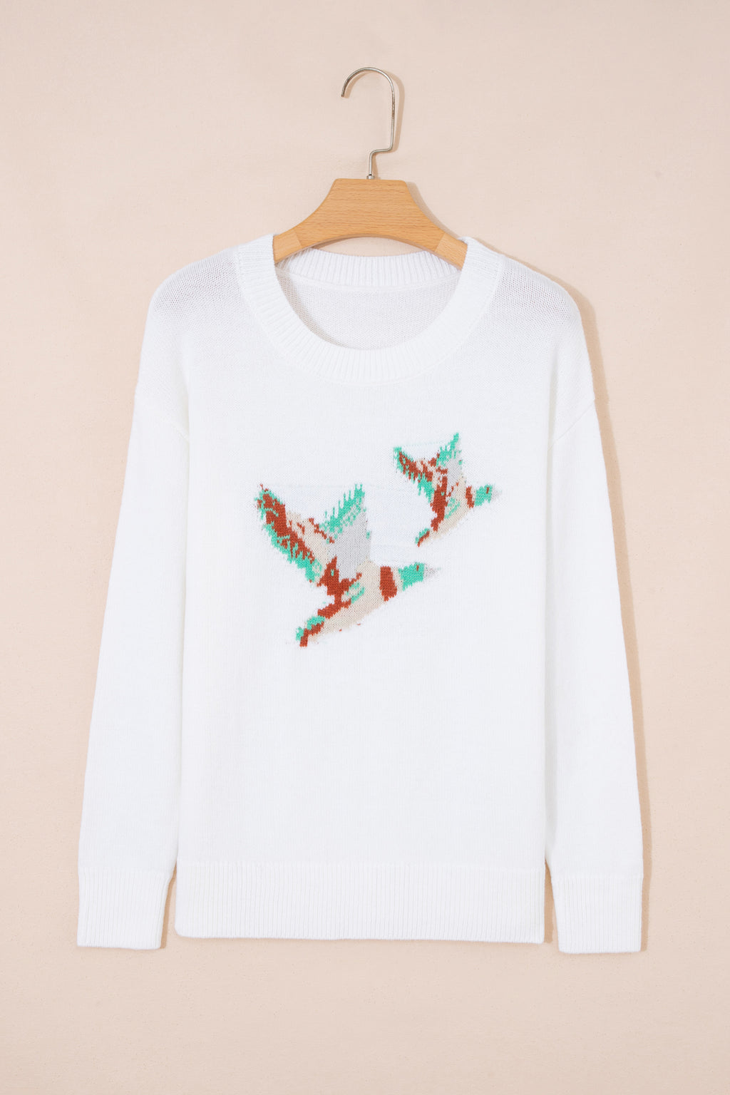 White Wild Mallard Drop Shoulder Round Neck Long Sleeve Pullover Sweater PREORDER ETA 3 WEEKS