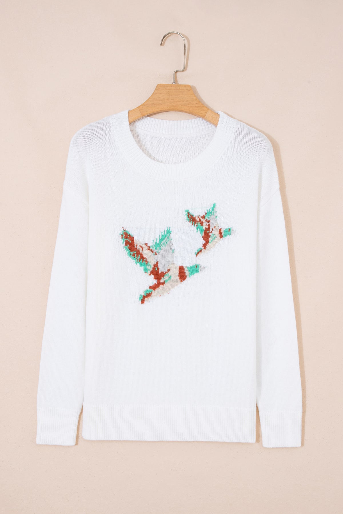 White Wild Mallard Drop Shoulder Round Neck Long Sleeve Pullover Sweater PREORDER ETA 3 WEEKS