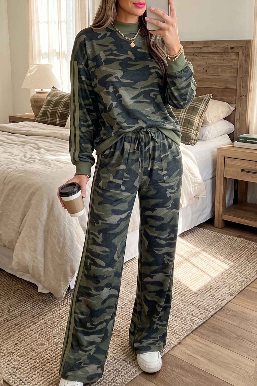 Multicolour Camouflage Patchwork Striped Detail Long Sleeve Top Casual Pants Set PREORDER ETA 3 WEEKS