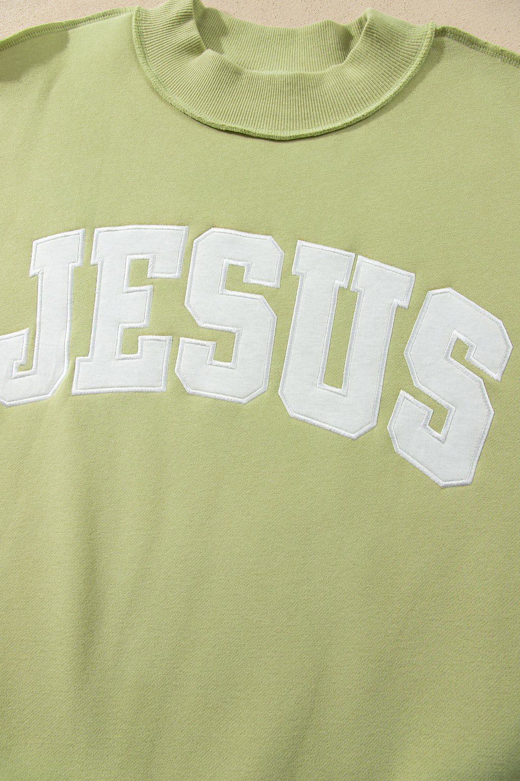 Meadow Mist Green JESUS Letter Patch Graphic Exposed Seam Mock Neck Baggy Sweatshirt PREORDER ETA 3 WEEKS