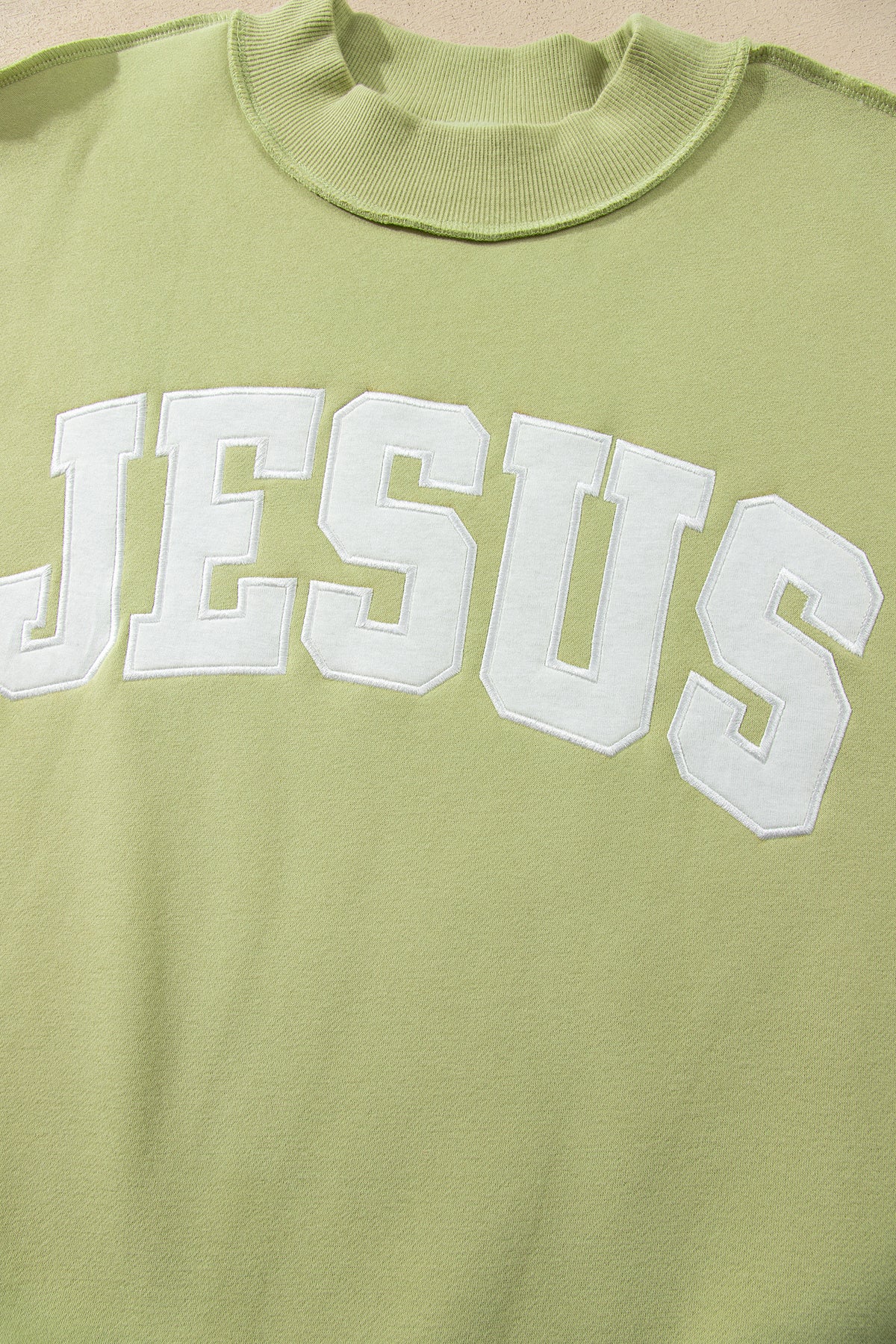 Meadow Mist Green JESUS Letter Patch Graphic Exposed Seam Mock Neck Baggy Sweatshirt PREORDER ETA 3 WEEKS