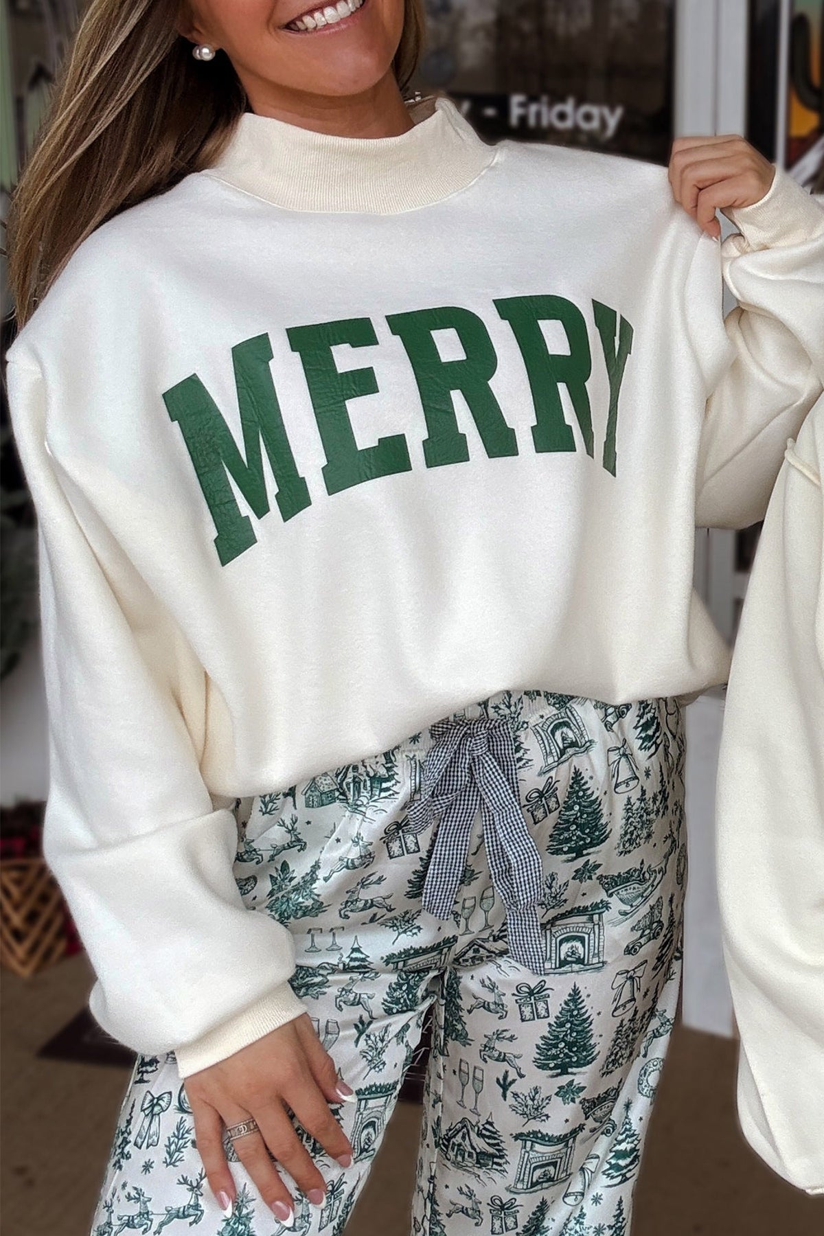 White MERRY/CHRISTMAS Reversible Print Mock Neck Baggy Pullover Sweatshirt PREORDER ETA 3 WEEKS