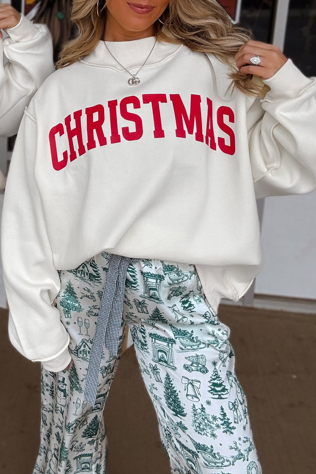 White MERRY/CHRISTMAS Reversible Print Mock Neck Baggy Pullover Sweatshirt PREORDER ETA 3 WEEKS