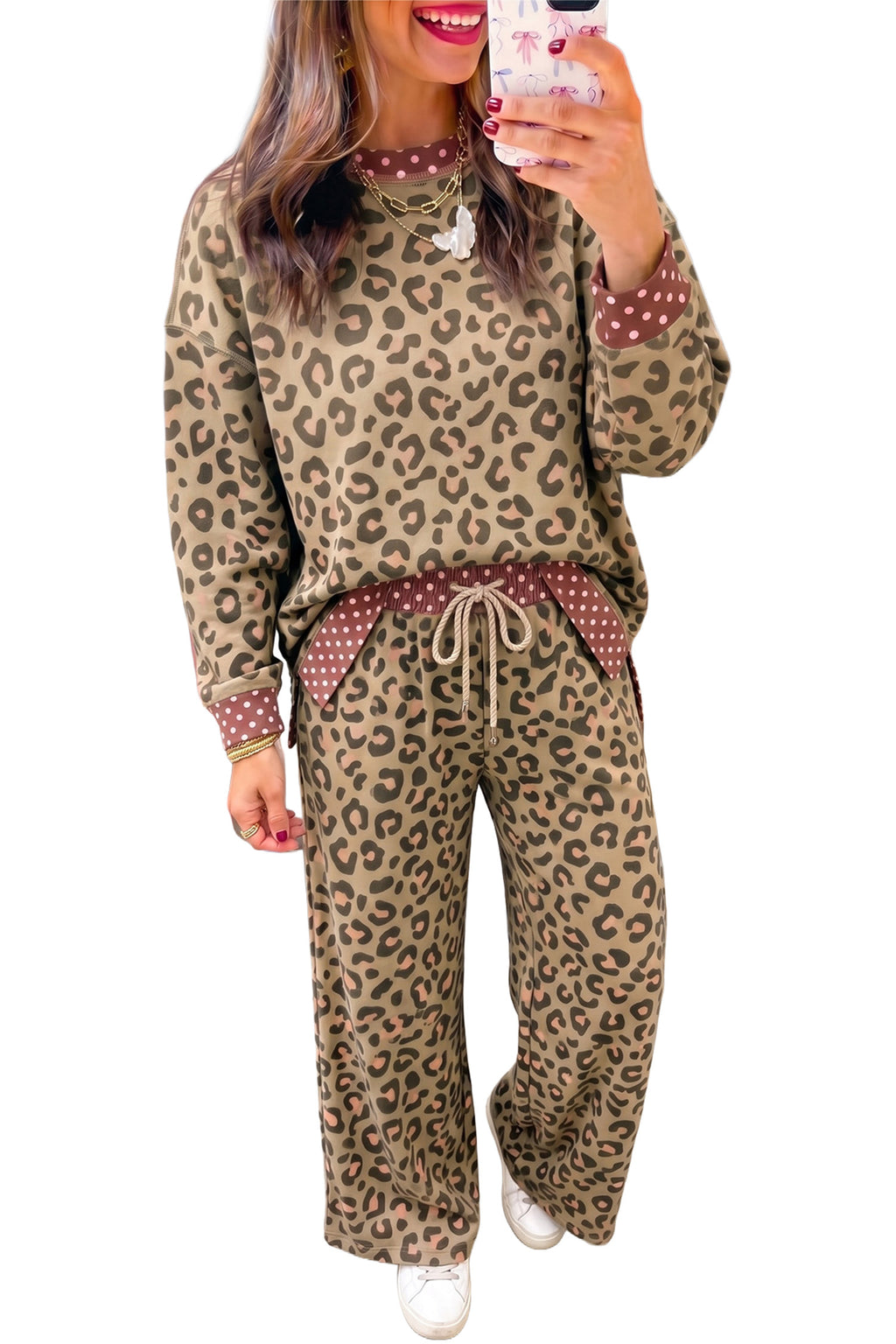 Brown Leopard Polka Dot Two Piece Pants Set PREORDER ETA 3 WEEKS