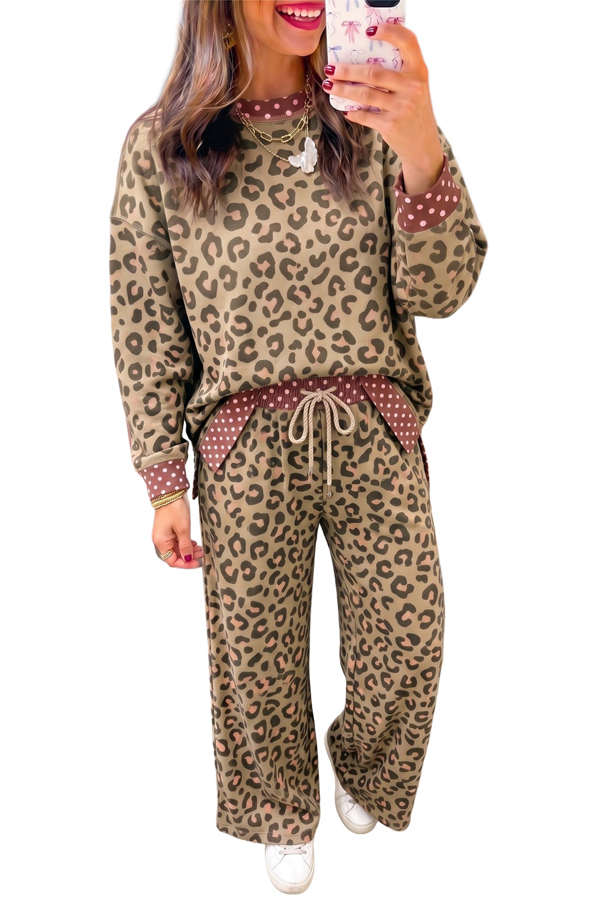 Brown Leopard Polka Dot Two Piece Pants Set PREORDER ETA 3 WEEKS