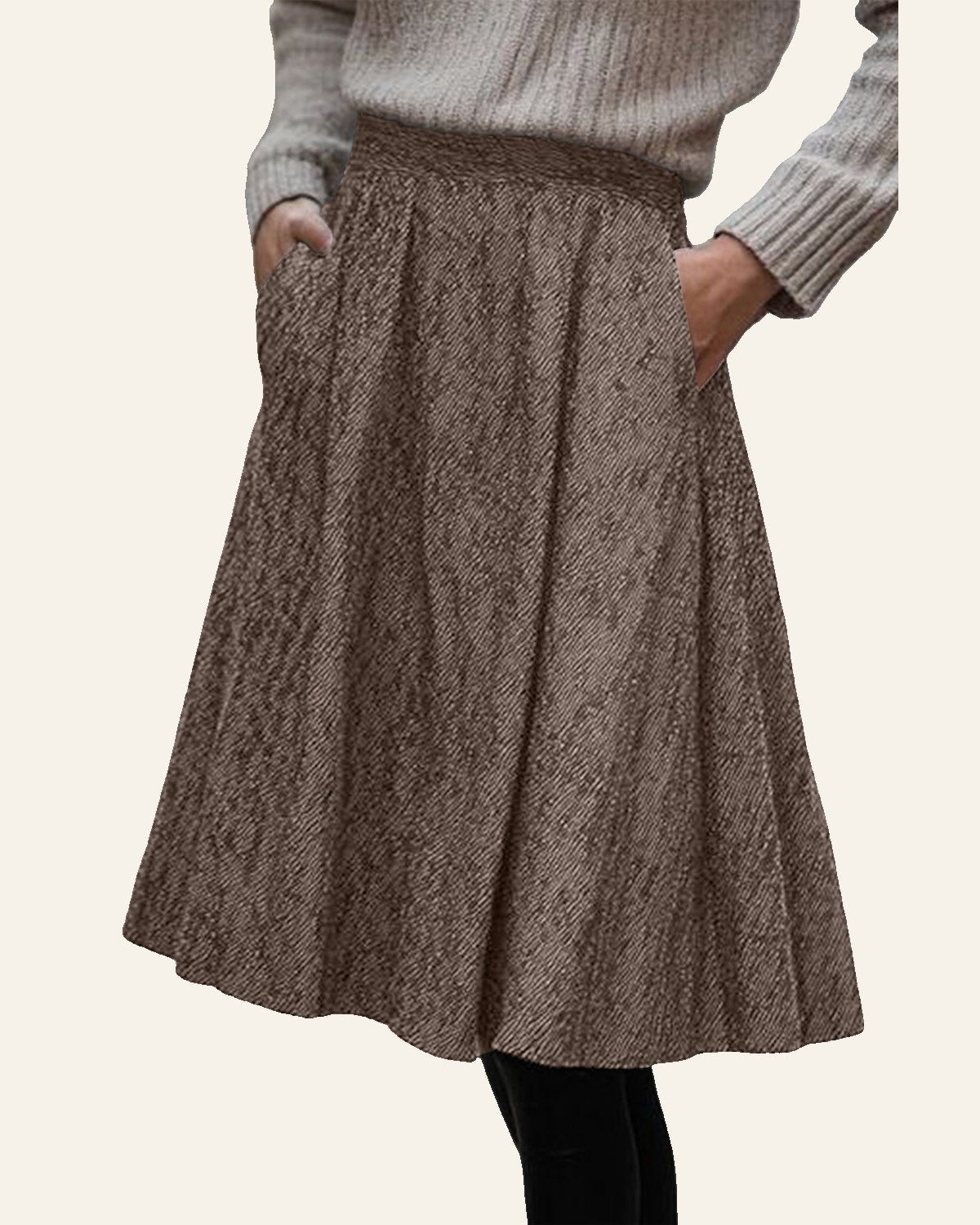 Brown Solid Color Textured Pleated Midi Skirt