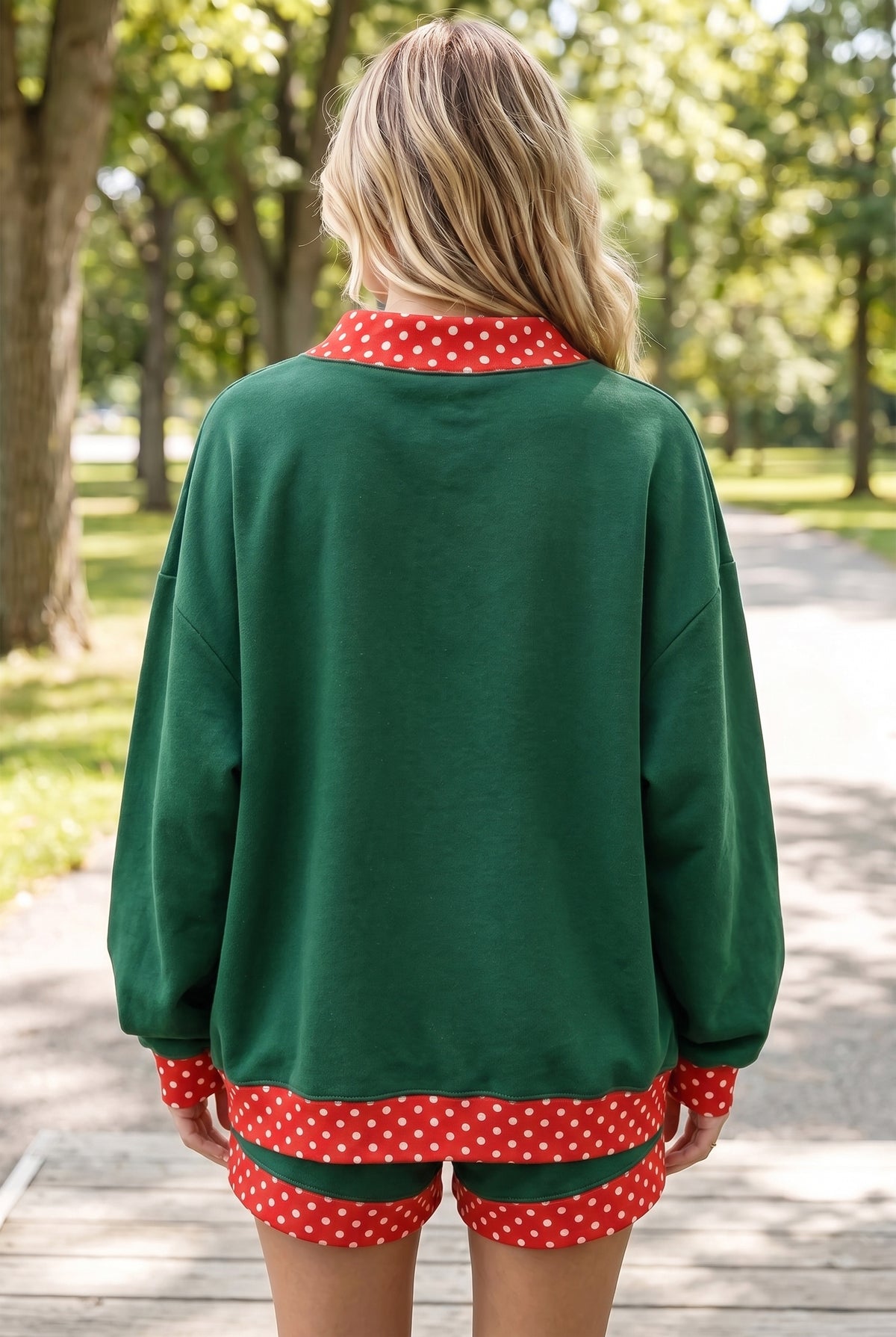 Evergreen Polka Dot Trim Baggy Pullover 2pcs Short Set PREORDER ETA 3 WEEKS