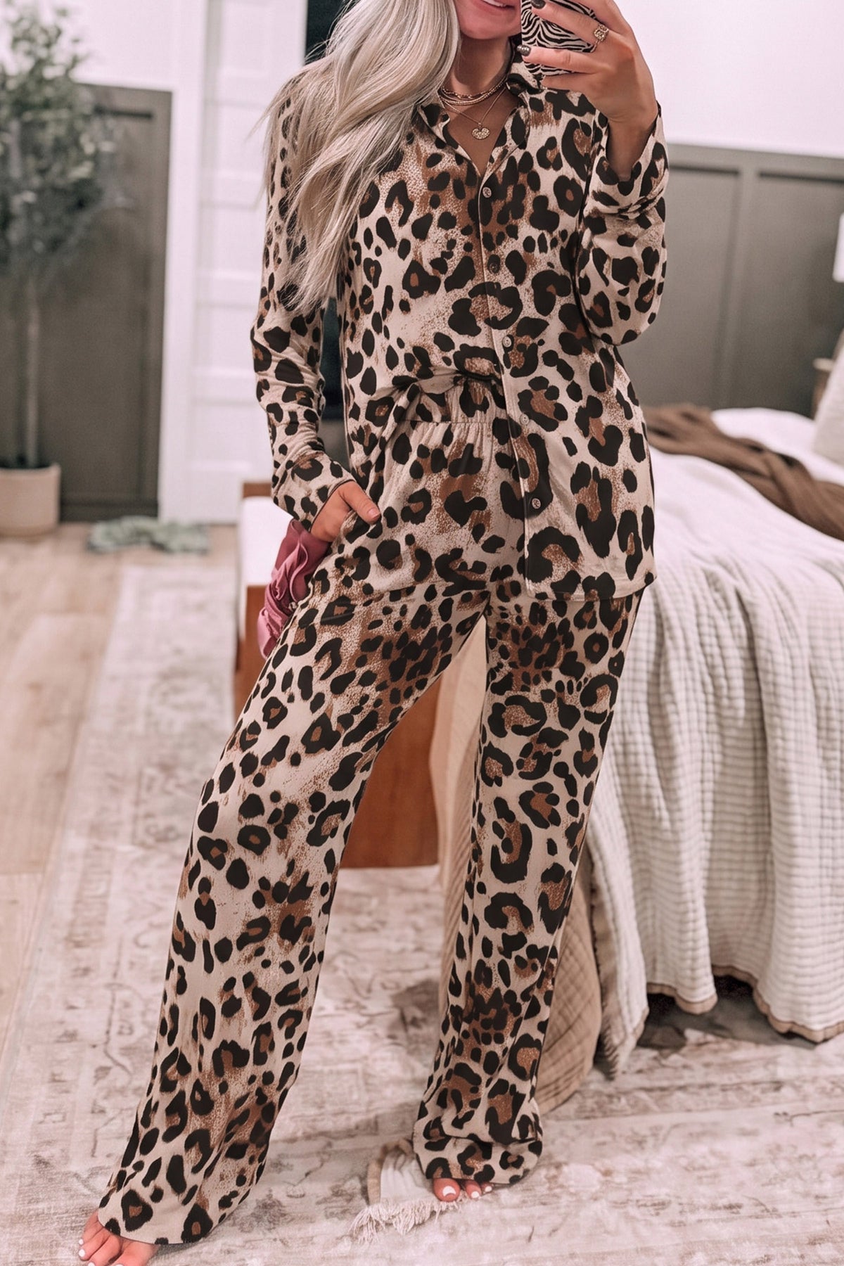 Khaki Leopard Print Button-Up Long Sleeve Two Piece Lounge Set PREORDER ETA 3 WEEKS