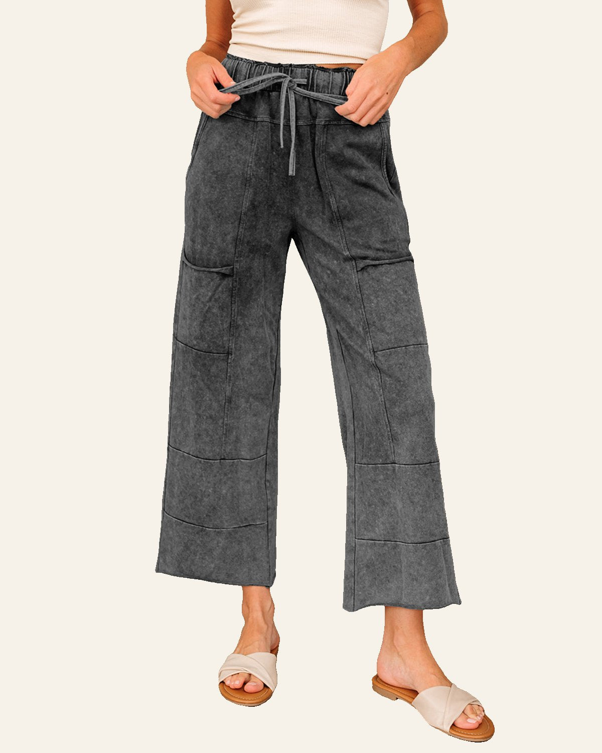 Medium Grey Mineral Wash Lace-up High Waist Raw Hem Patched Pocket Pants