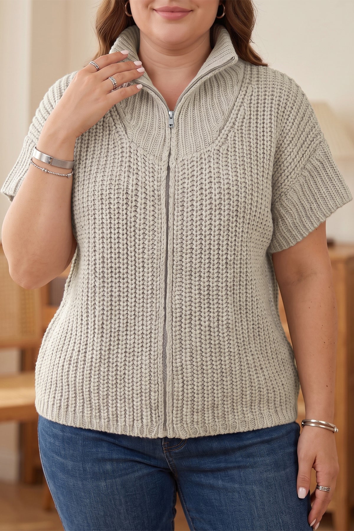 Jet Stream Plus Size Short Sleeve Ribbed Knit Zip Up Tunic Sweater PREORDER ETA 3 WEEKS