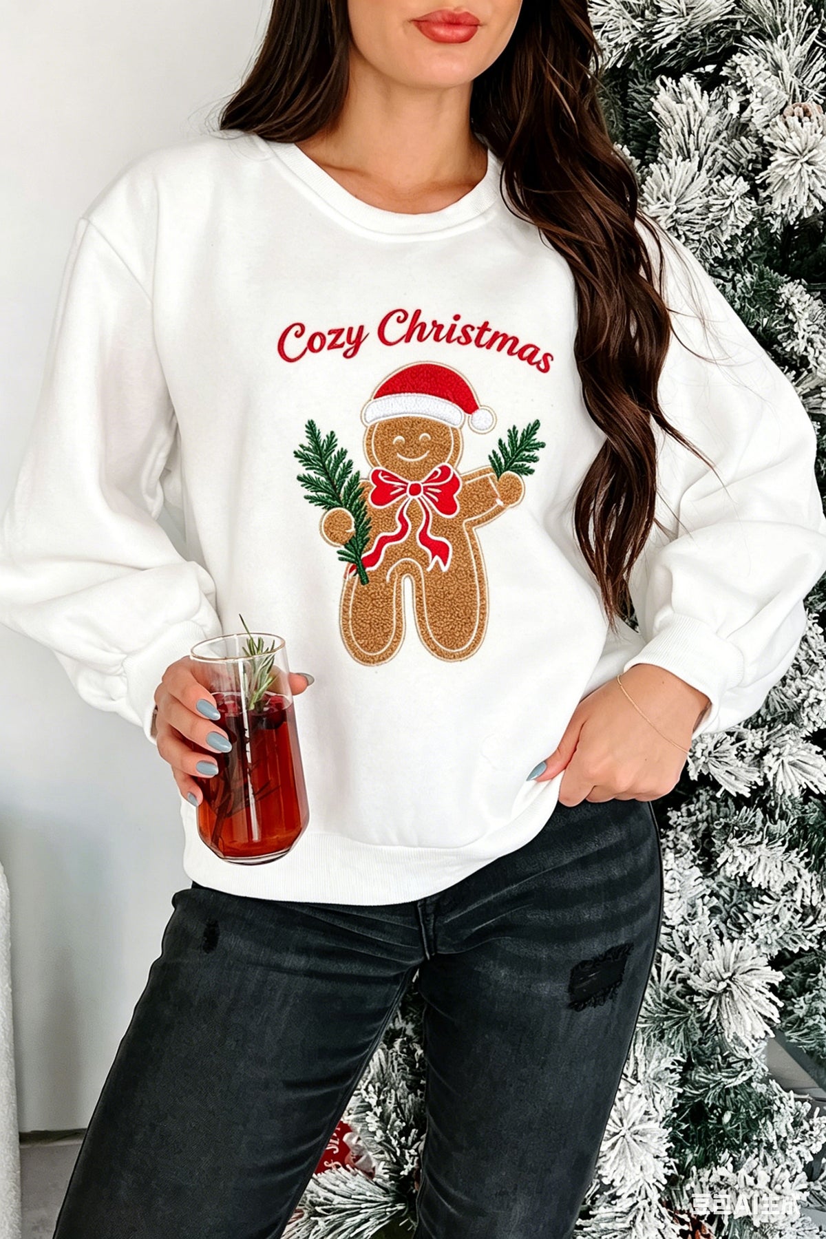 White Embroidered Gingerbread Cozy Christmas Long Sleeve Round Neck Pullover Sweatshirt PREORDER ETA 3 WEEKS