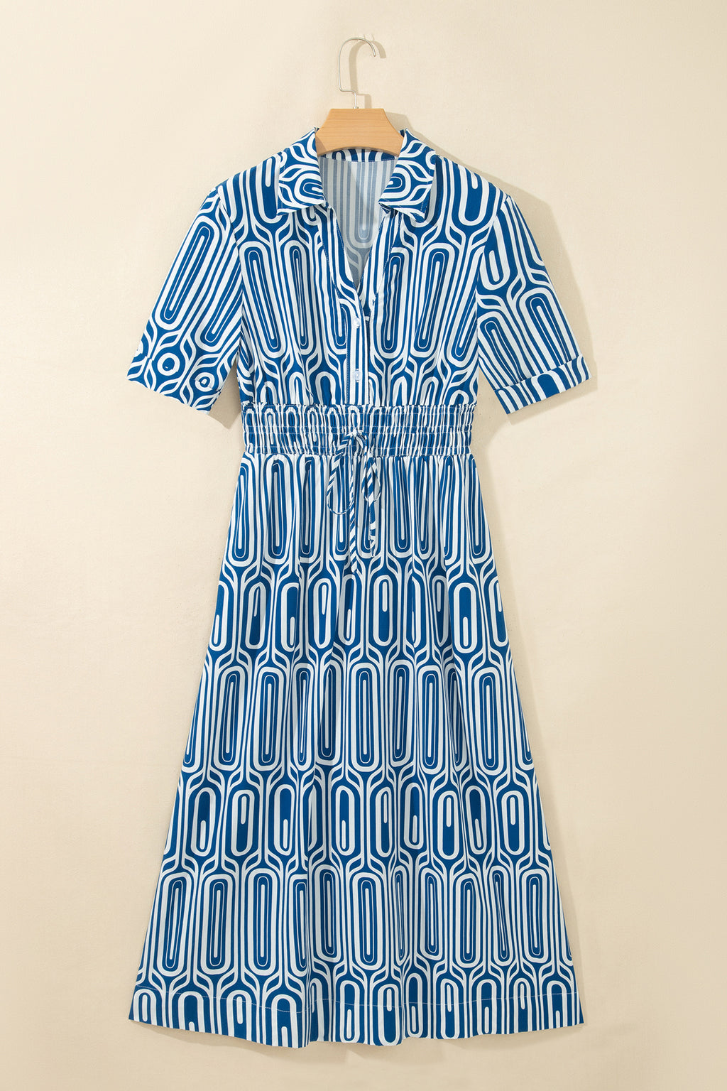 Blue Geometric Print Short Sleeve Drawstring Shirt Collar Dress PREORDER ETA 3 WEEKS