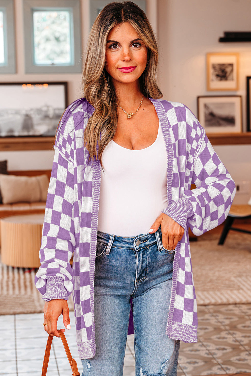 Purple Checkered Open Front Drop Shoulder Cardigan PREORDER ETA 3 WEEKS
