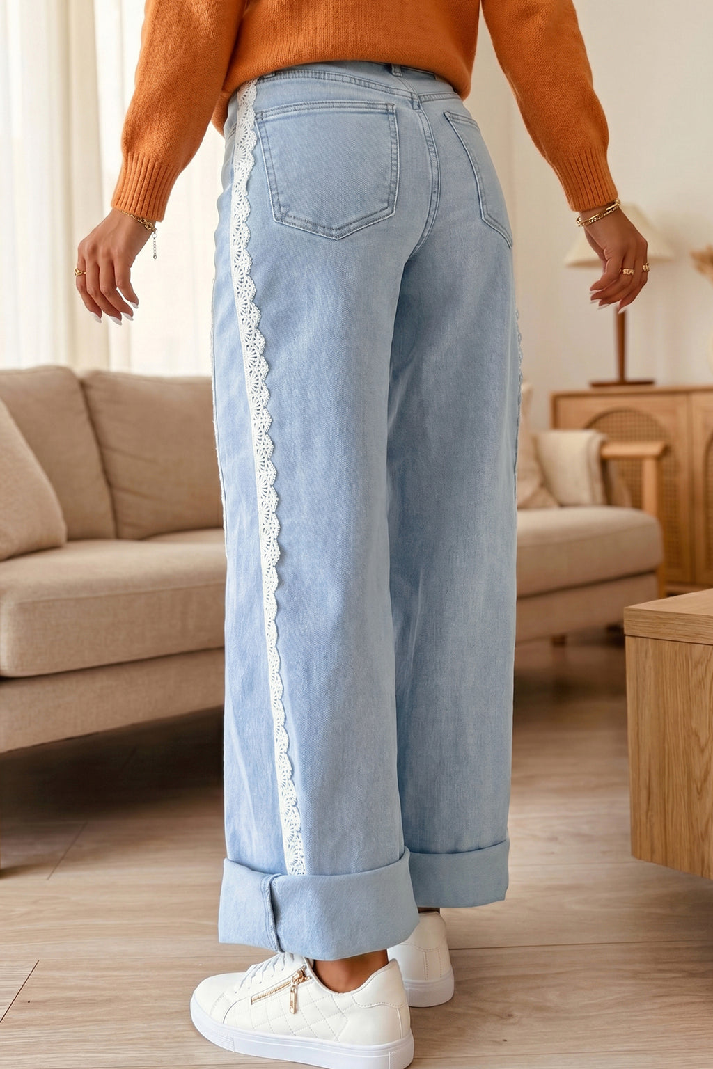 Beau Blue Lace Trim Casual Full-Length Regular Fit Jeans PREORDER ETA 3 WEEKS