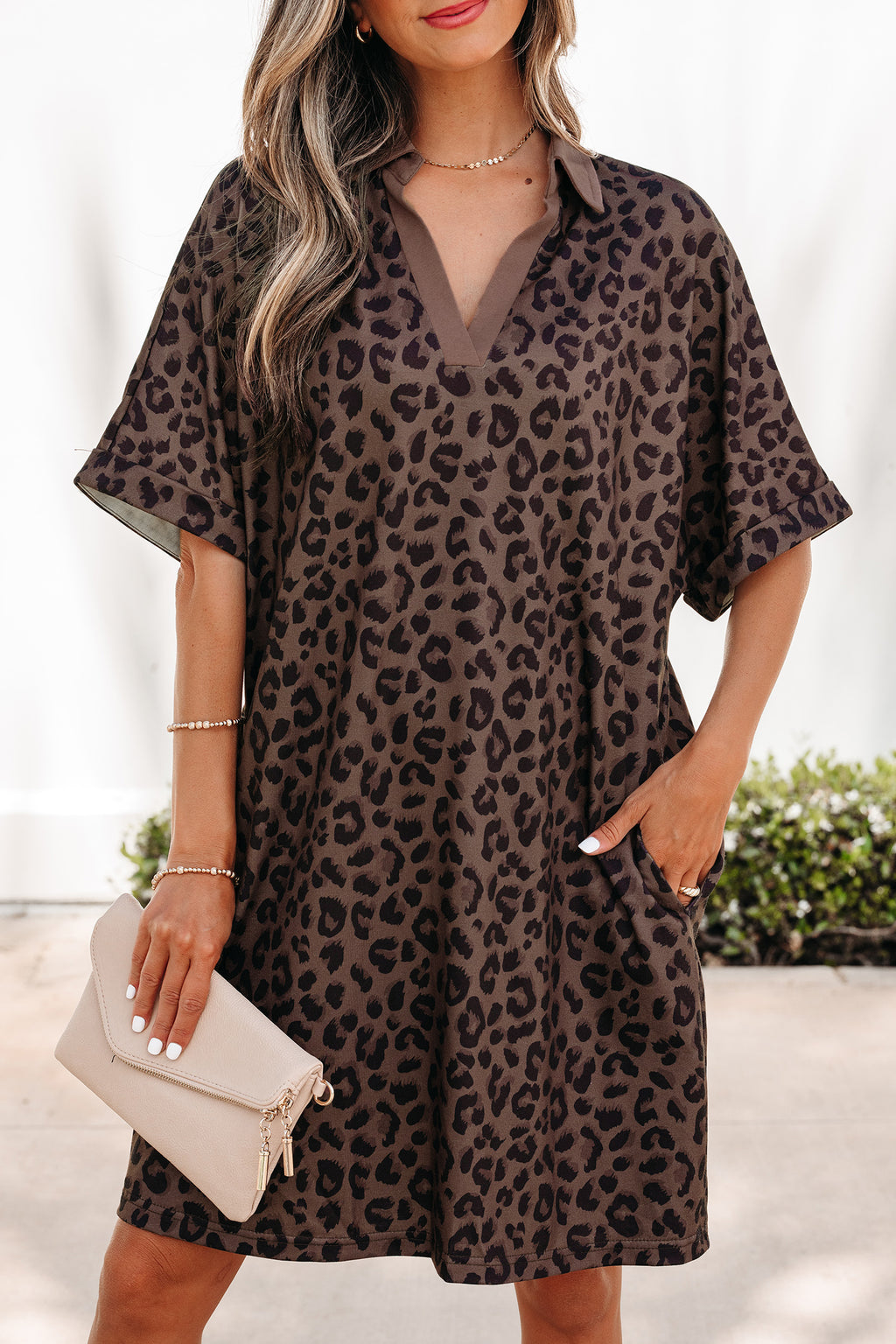 Brown Leopard Print Contrast Collar V-Neck Mini Dress PREORDER ETA 3 WEEKS
