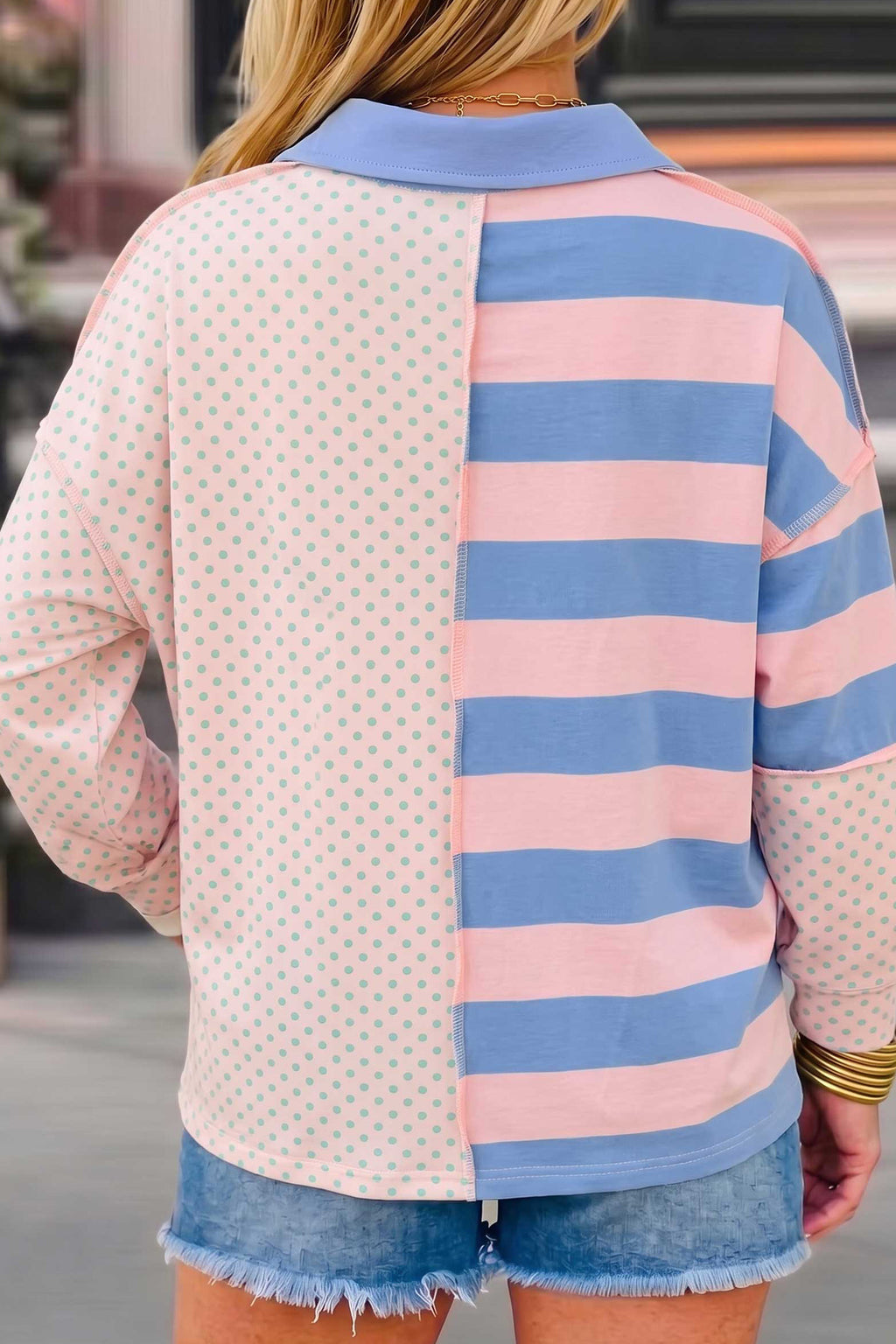 Pink Striped Polka Dot Patchwork Polo Collar Long Sleeve Top PREORDER ETA 3 WEEKS