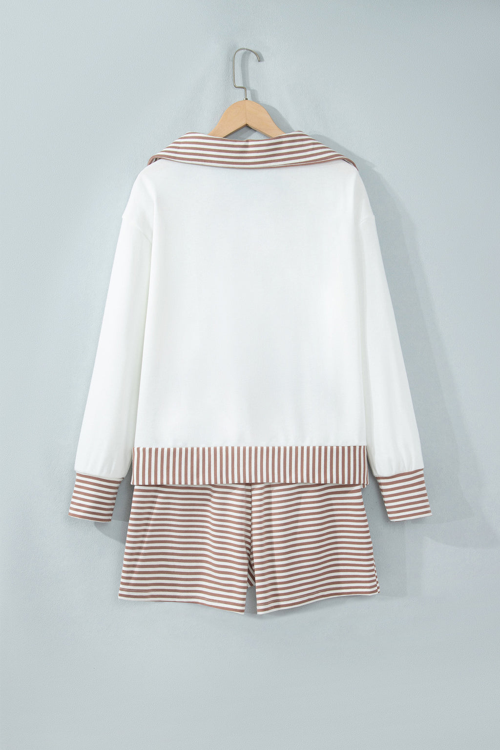 Khaki Stripe Color Block Patchwork Long Sleeve Top Drawstring Shorts Set PREORDER ETA 3 WEEKS