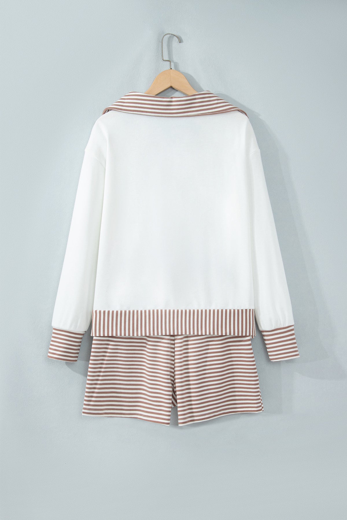Khaki Stripe Color Block Patchwork Long Sleeve Top Drawstring Shorts Set PREORDER ETA 3 WEEKS