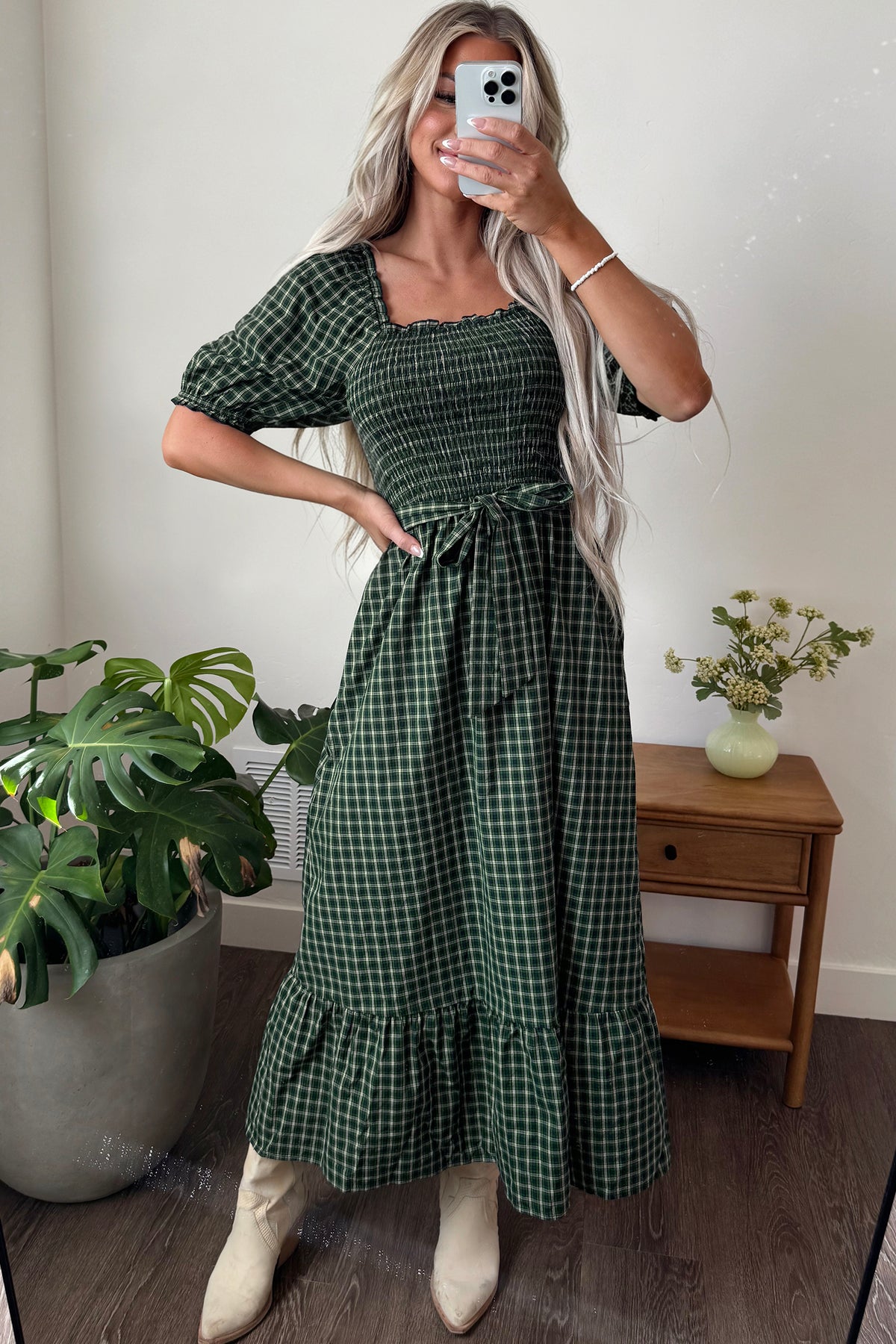 Green Plaid Square Neck Shirred High Waist Ruffle Hem Dress PREORDER ETA 3 WEEKS