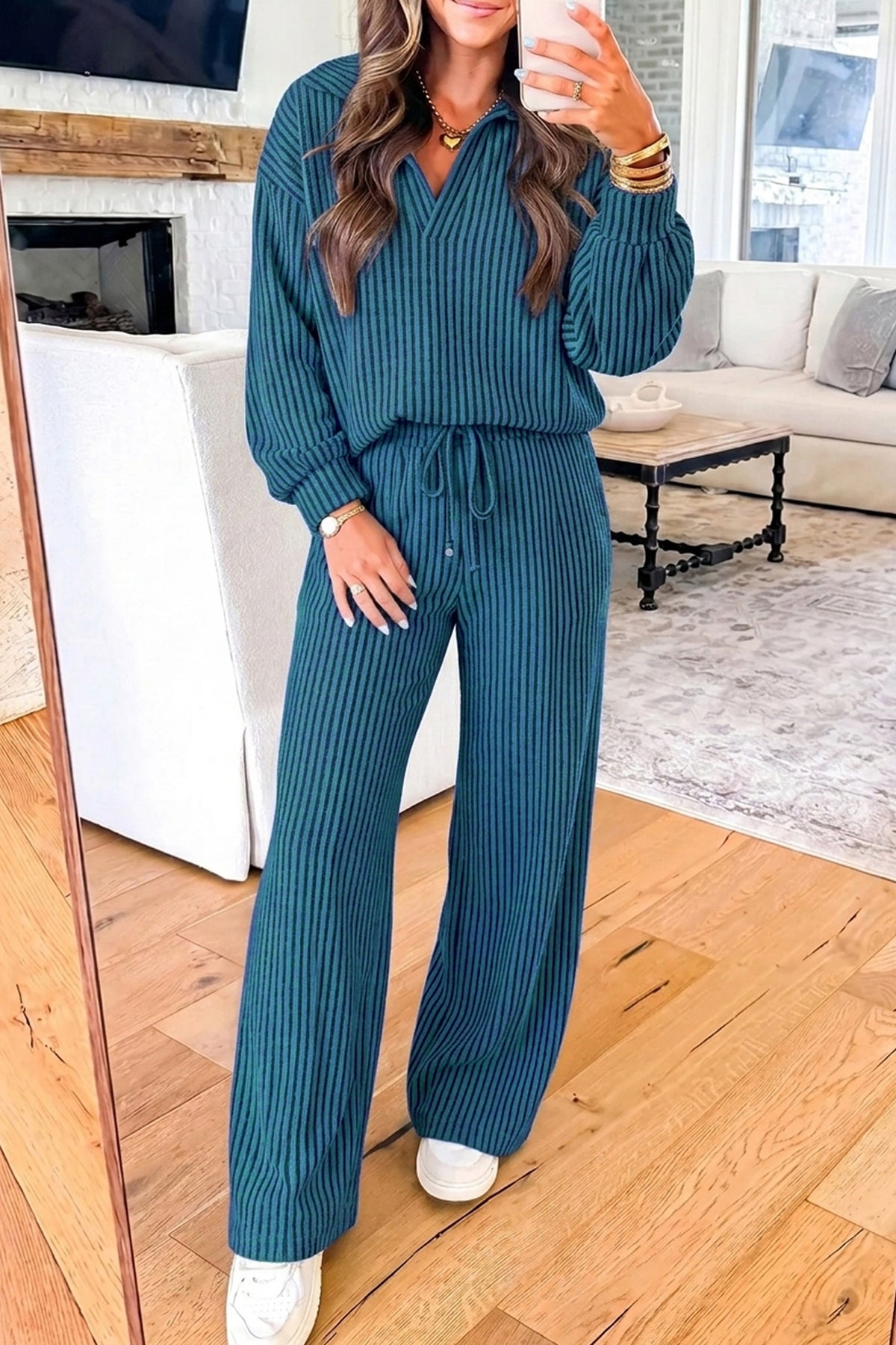 Sky Blue Ribbed Knit Collar V Neck Pullover Drawstring Waist Pants 2pcs Set PREORDER ETA 3 WEEKS