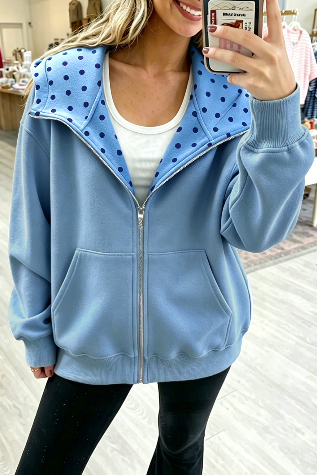 Beau Blue Polka Dot Hooded Zip-Up Sweatshirt PREORDER ETA 3 WEEKS