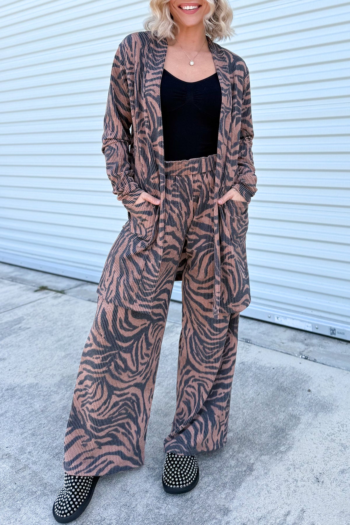 Khaki Twisted Ribbed Zebra Print Open Cardigan Wide Leg Pant Set PREORDER ETA 3 WEEKS