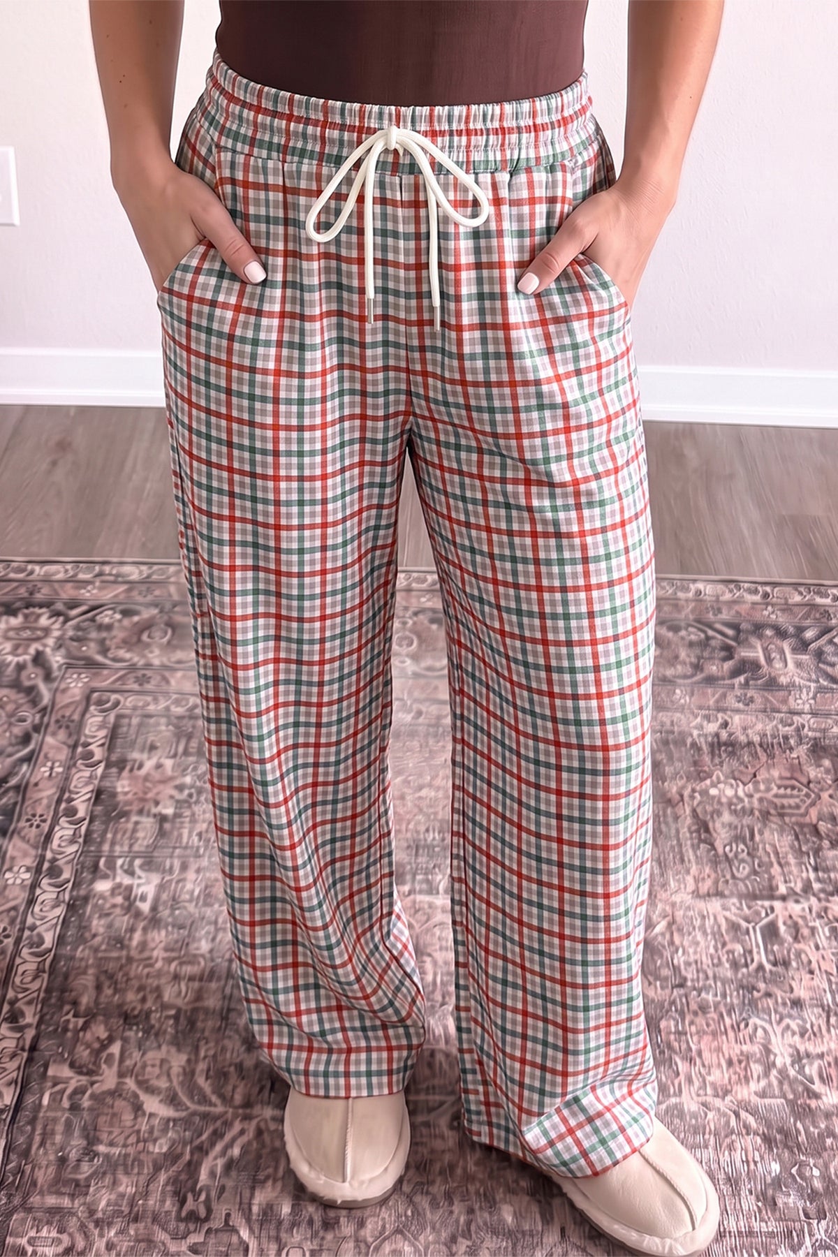 Multicolour Festive Plaid Drawstring Elastic Waist Pants PREORDER ETA 3 WEEKS