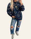 Blue Western Horseshoe Print Mock Neck Casual Pullover Sweatshirt PREORDER ETA 3 WEEKS