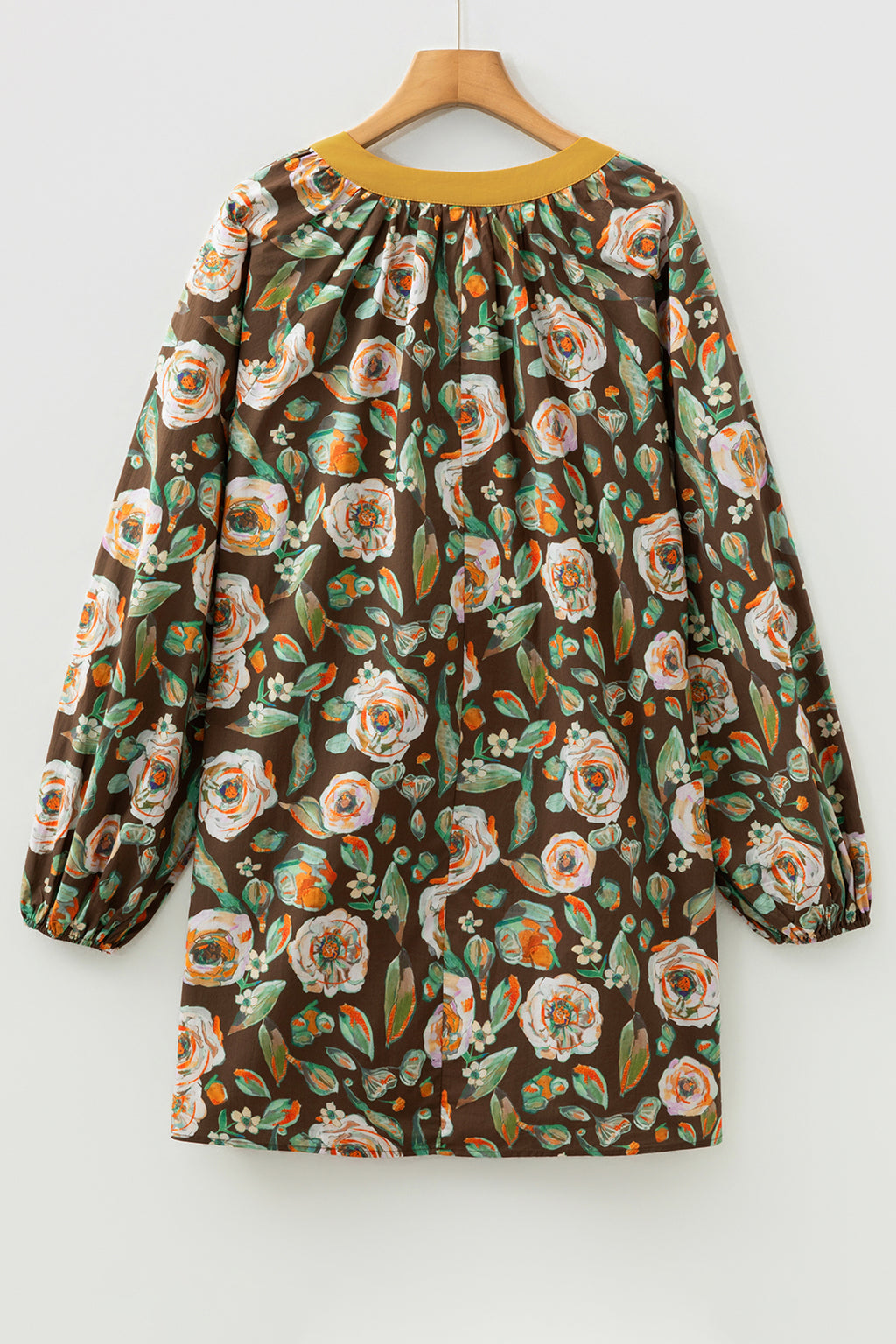 Brown Floral Print Contrast Trim V Neck Pocketed Long Sleeve Mini Dress PREORDER ETA 3 WEEKS