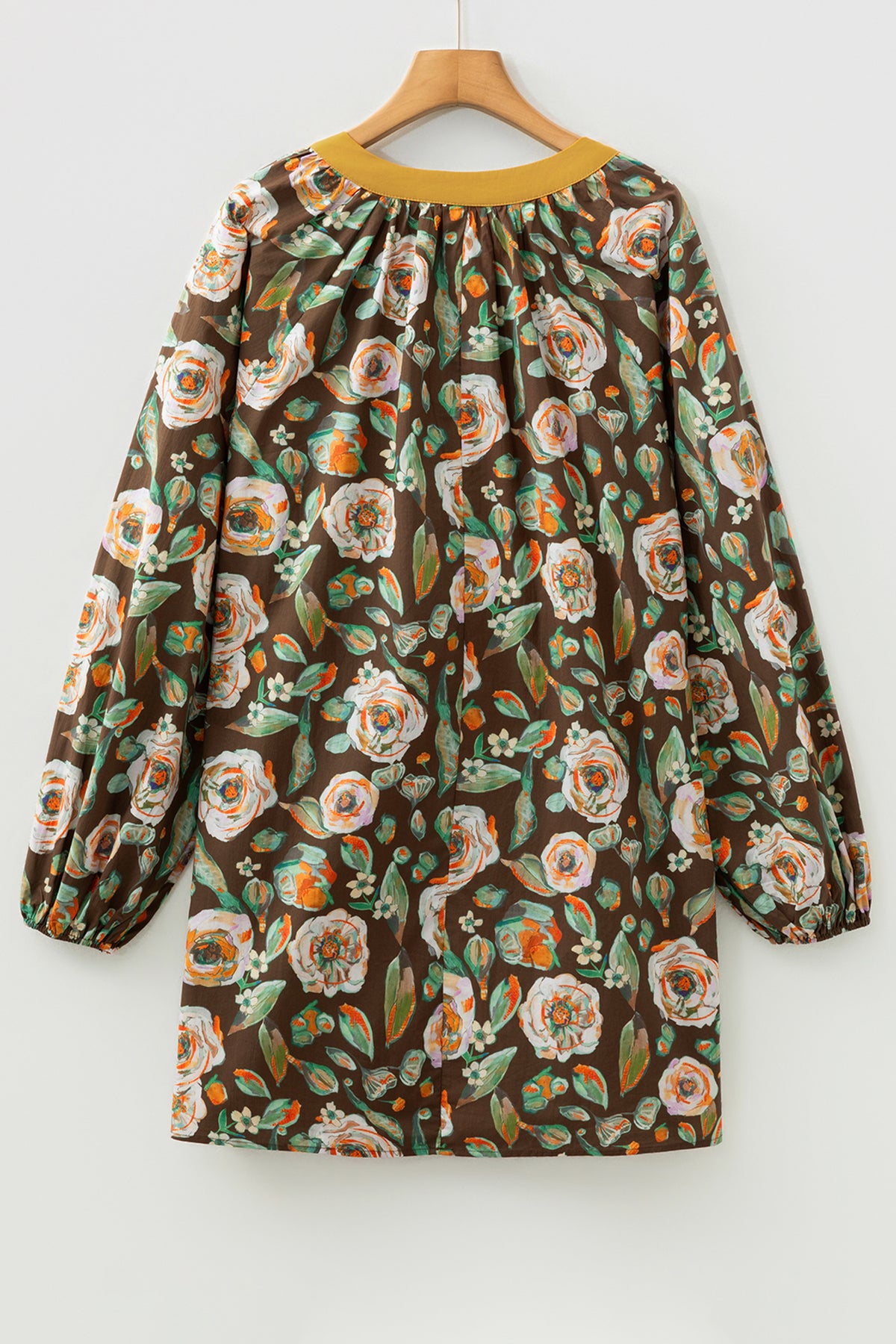 Brown Floral Print Contrast Trim V Neck Pocketed Long Sleeve Mini Dress PREORDER ETA 3 WEEKS