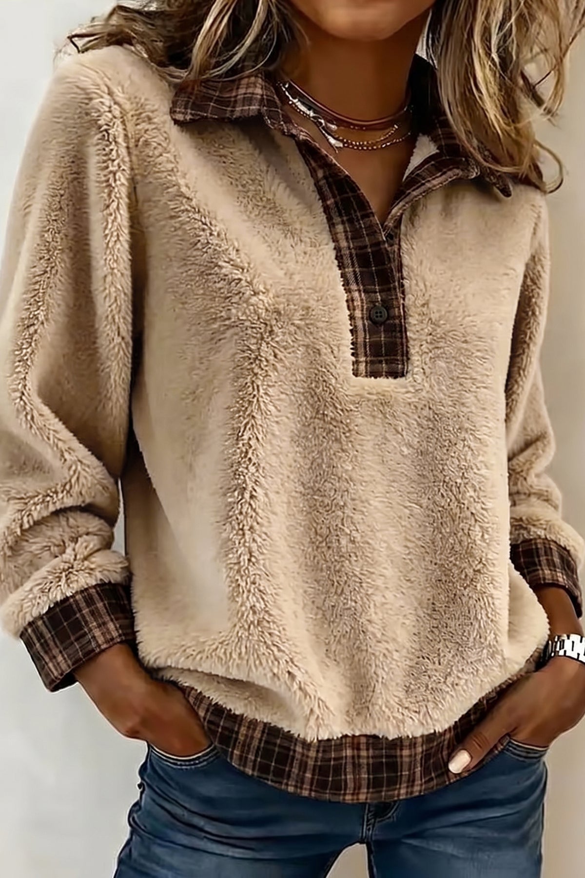 Light French Beige Plaid Collar Button Front Fleece Pullover Sweatshirt PREORDER ETA 3 WEEKS