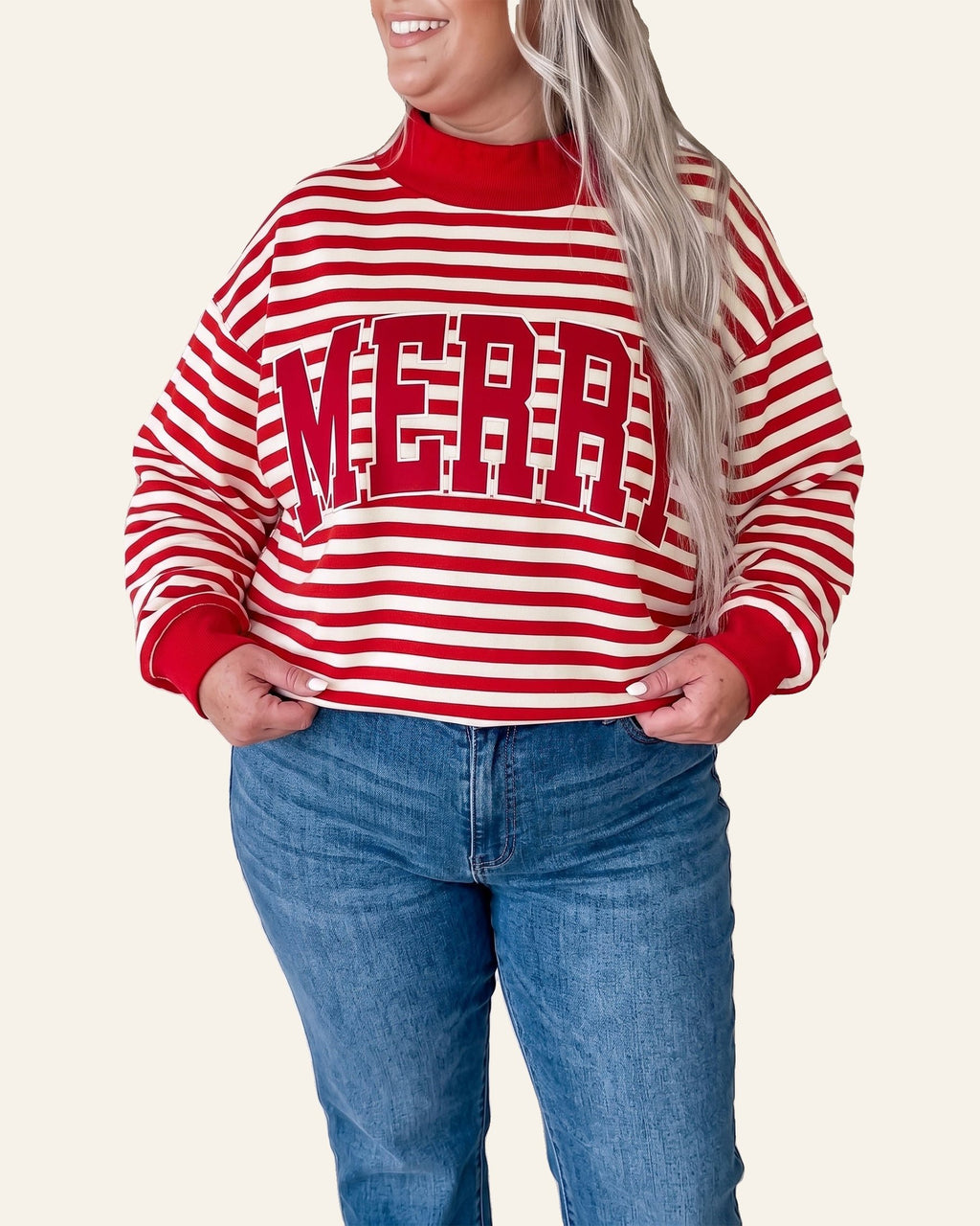 Red Stripe Plus Size MERRY Festive Letter Embroidery Patched Graphic Pullover Sweatshirt PREORDER ETA 3 WEEKS
