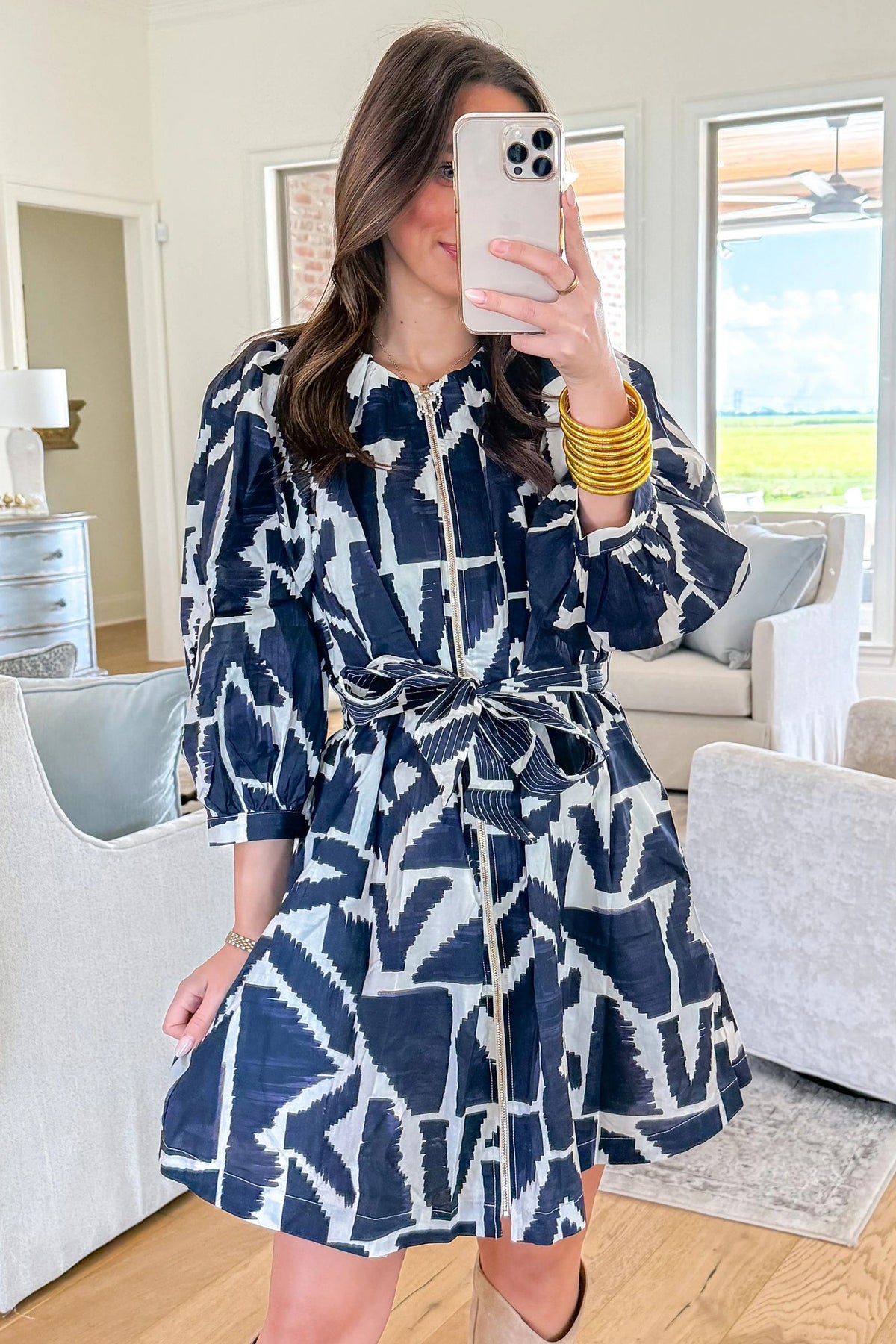 Blue Abstract Geometric Print Zip Front Tie Waist Shift Dress PREORDER ETA 3 WEEKS