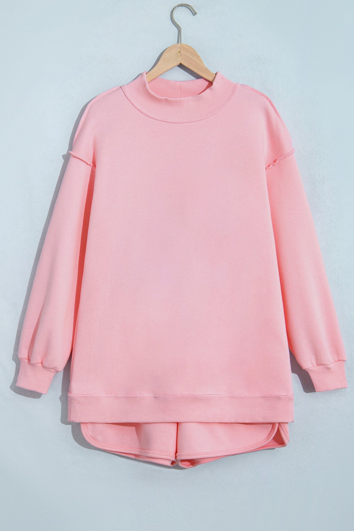 Light Pink High Neck Exposed Seam Drop Shoulder Baggy Pullover Short Set PREORDER ETA 3 WEEKS