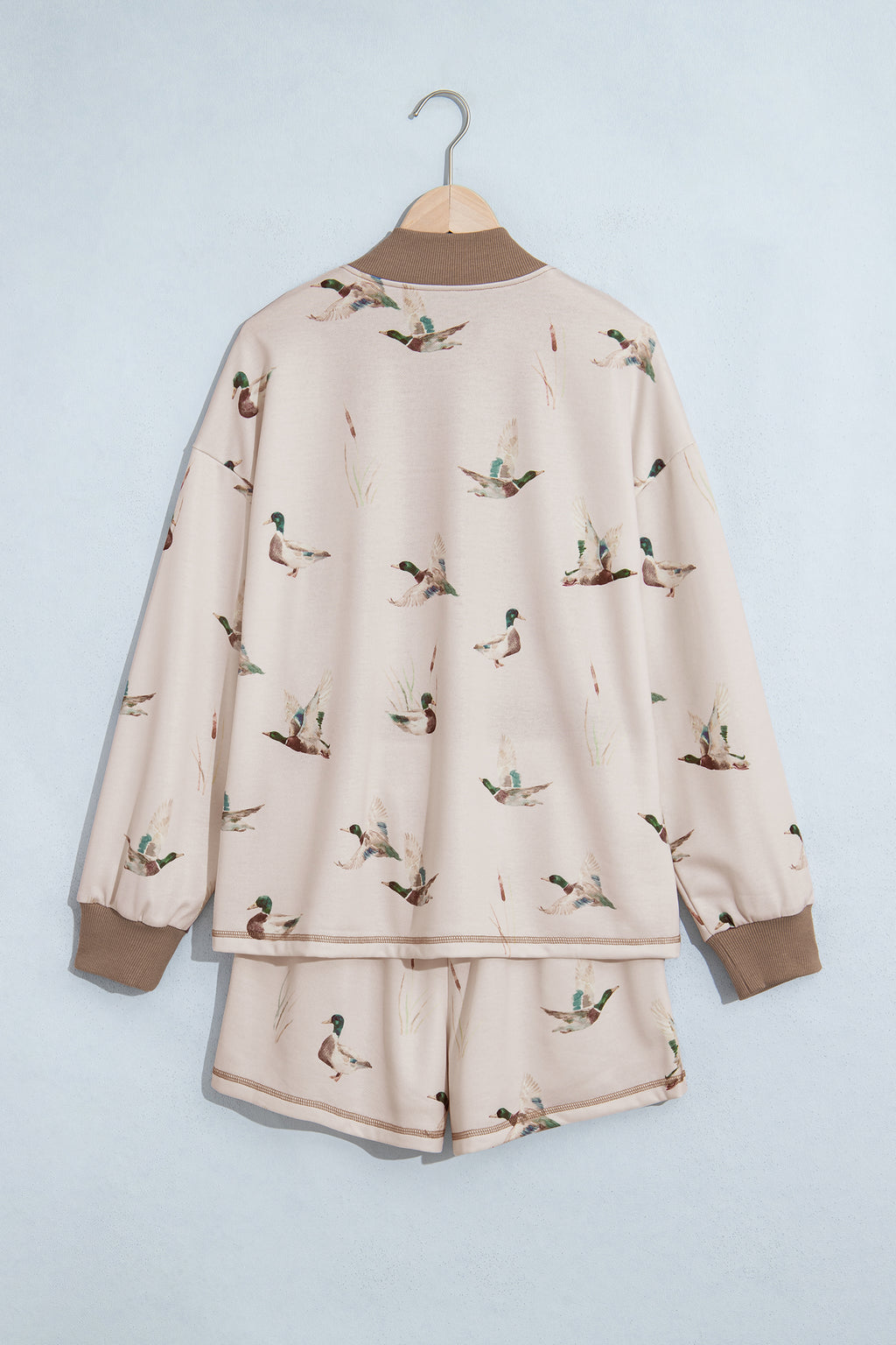 Khaki Mallard Print Color Block Patchwork Zip Pullover and Shorts Set PREORDER ETA 3 WEEKS