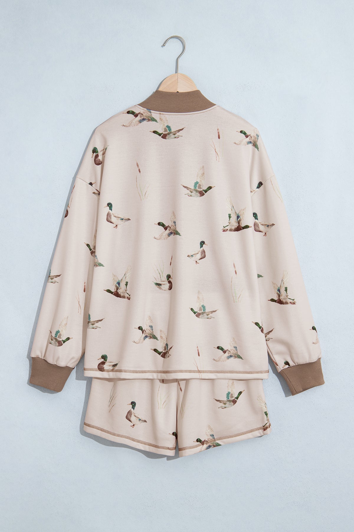 Khaki Mallard Print Color Block Patchwork Zip Pullover and Shorts Set PREORDER ETA 3 WEEKS