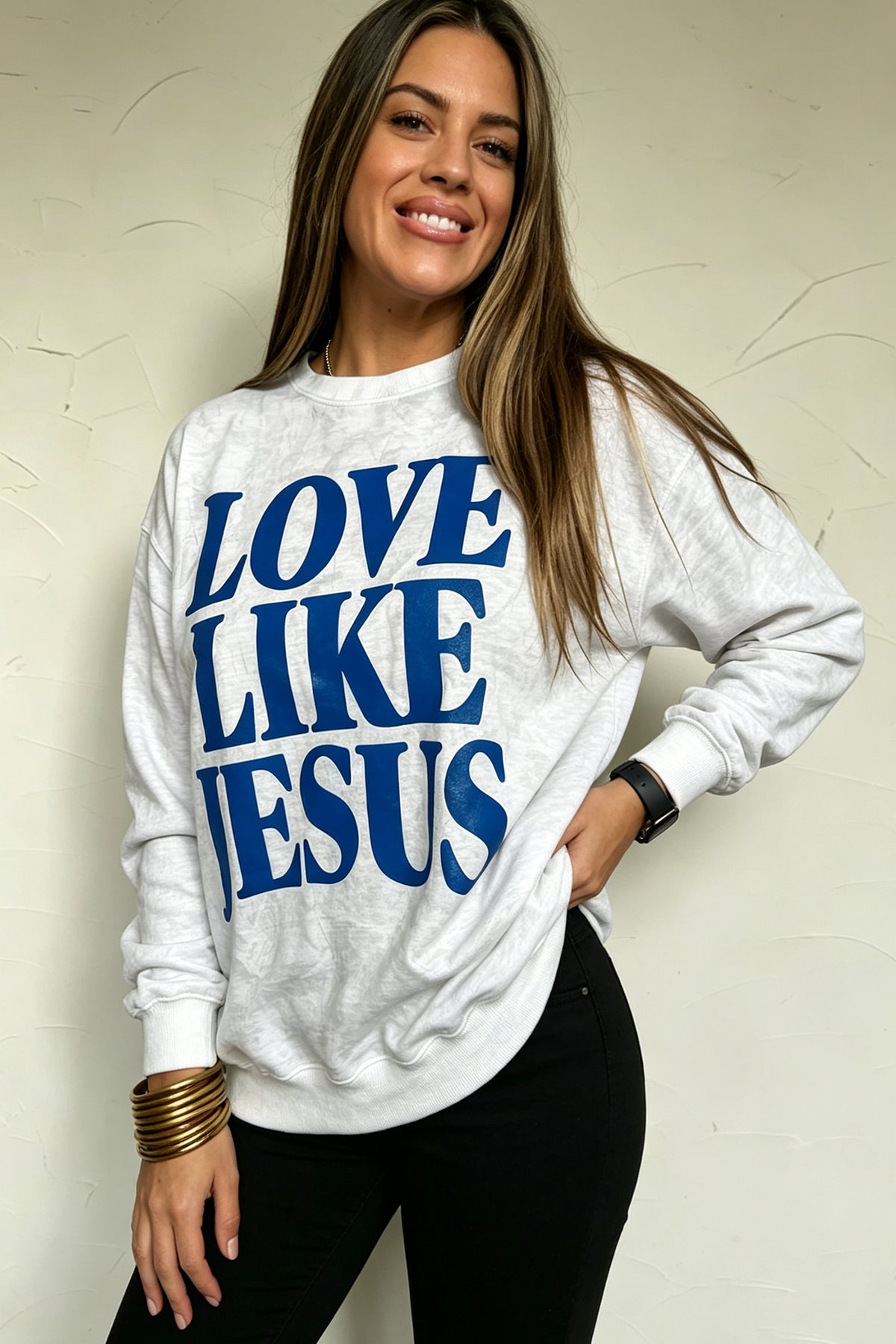 Gray LOVE LIKE JESUS Letter Print Round Neck Light Camo Pullover Sweatshirt PREORDER ETA 3 WEEKS