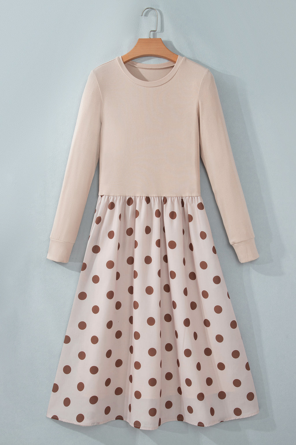 Beige Polka Dot Midi Long Sleeve Dress PREORDER ETA 3 WEEKS