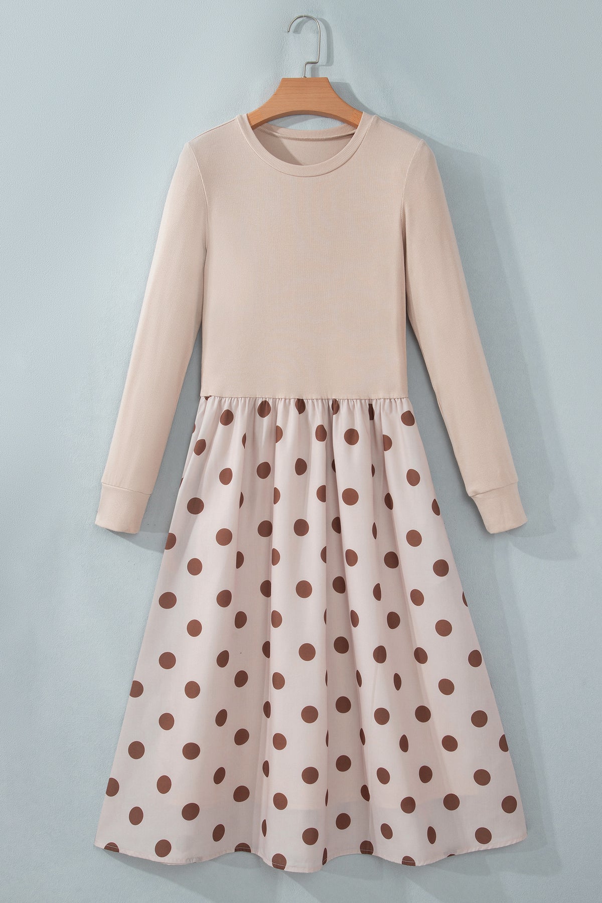 Beige Polka Dot Midi Long Sleeve Dress PREORDER ETA 3 WEEKS