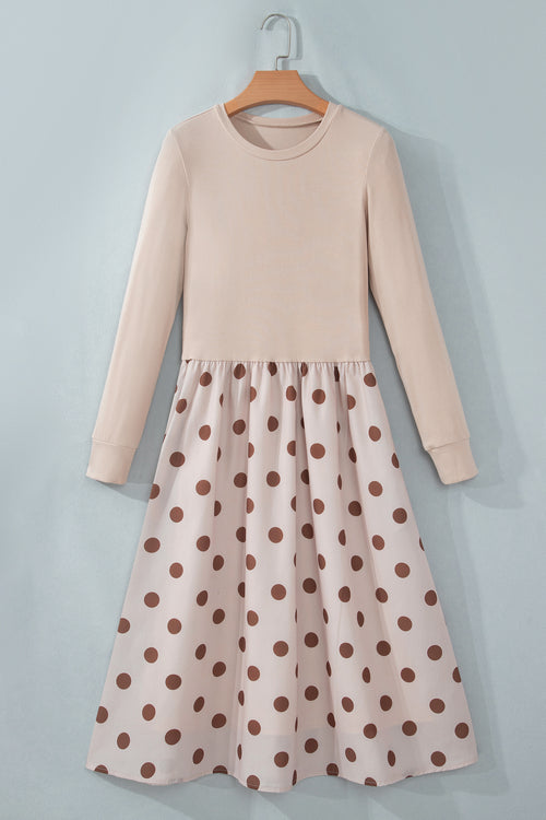 Beige Polka Dot Midi Long Sleeve Dress PREORDER ETA 3 WEEKS