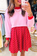 Pink Color Block Long Sleeve Polka Dot Contrast Pleated Mini Dress