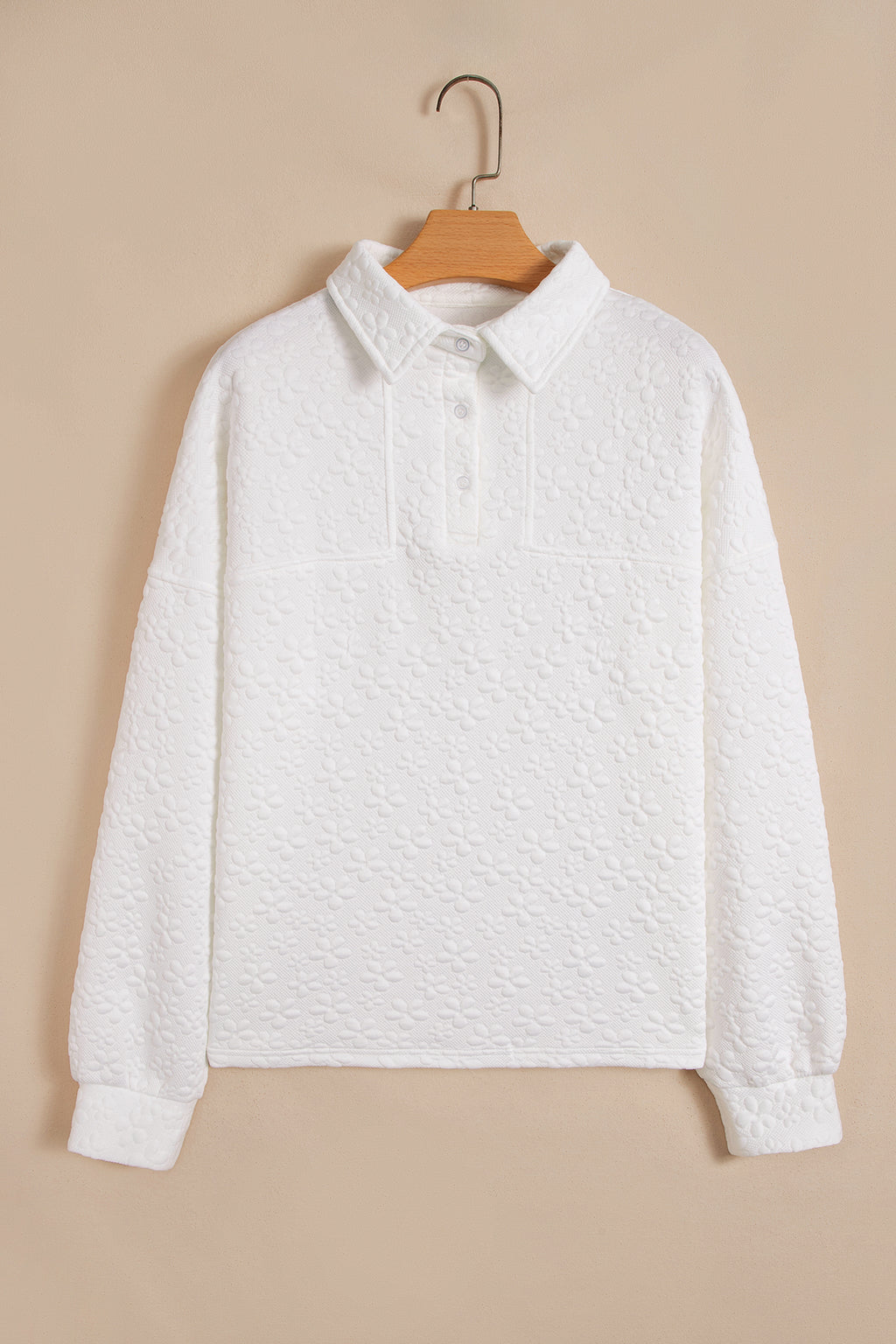 White Solid Color Textured Relaxed Button Collar Pullover Sweatshirt PREORDER ETA 3 WEEKS