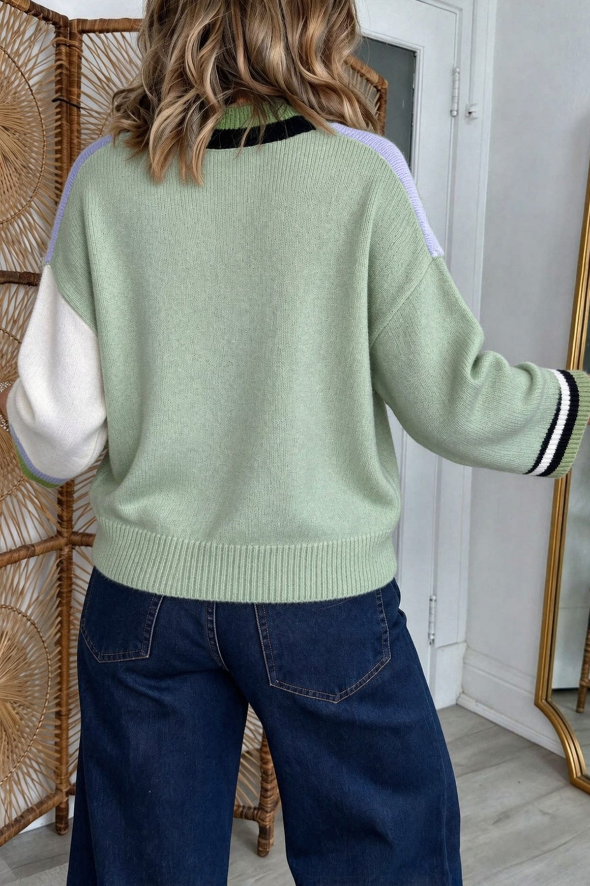 Multicolour Color Block Mock Neck Loose Pullover Sweater PREORDER ETA 3 WEEKS