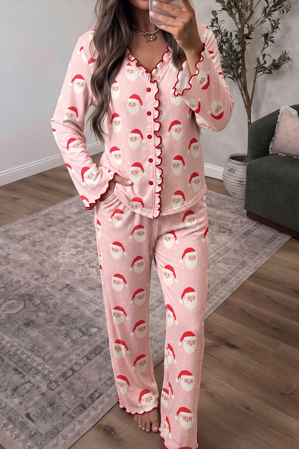 Pink Christmas Santa Print Frilled Button Front Long Sleeve Top Lounge Pant Set PREORDER ETA 3 WEEKS