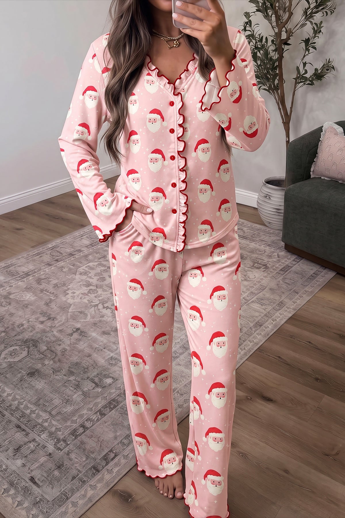 Pink Christmas Santa Print Frilled Button Front Long Sleeve Top Lounge Pant Set PREORDER ETA 3 WEEKS