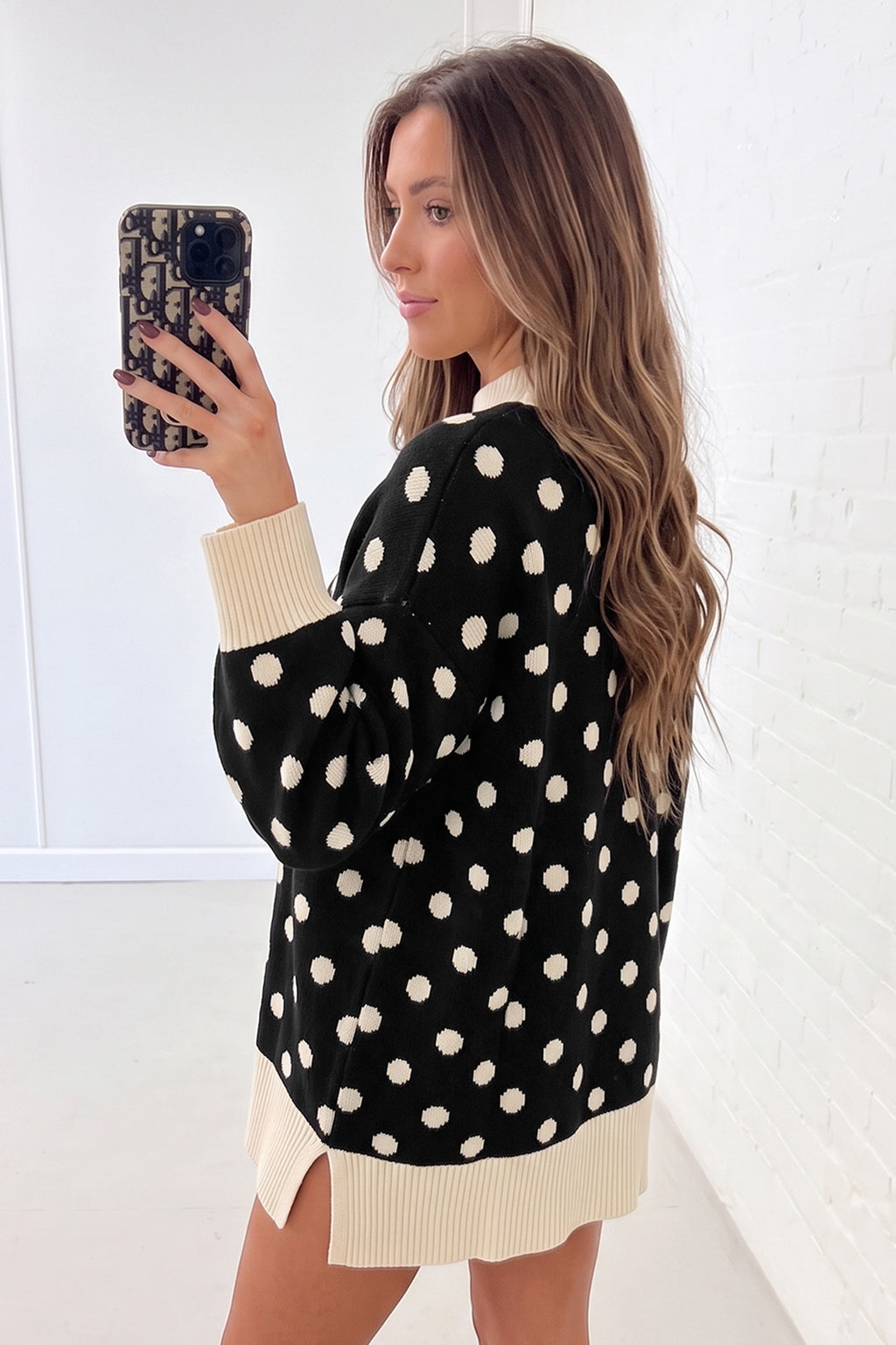 Black Polka Dot Pattern Ribbed Colorblock Trim Split Tunic Sweater PREORDER ETA 3 WEEKS