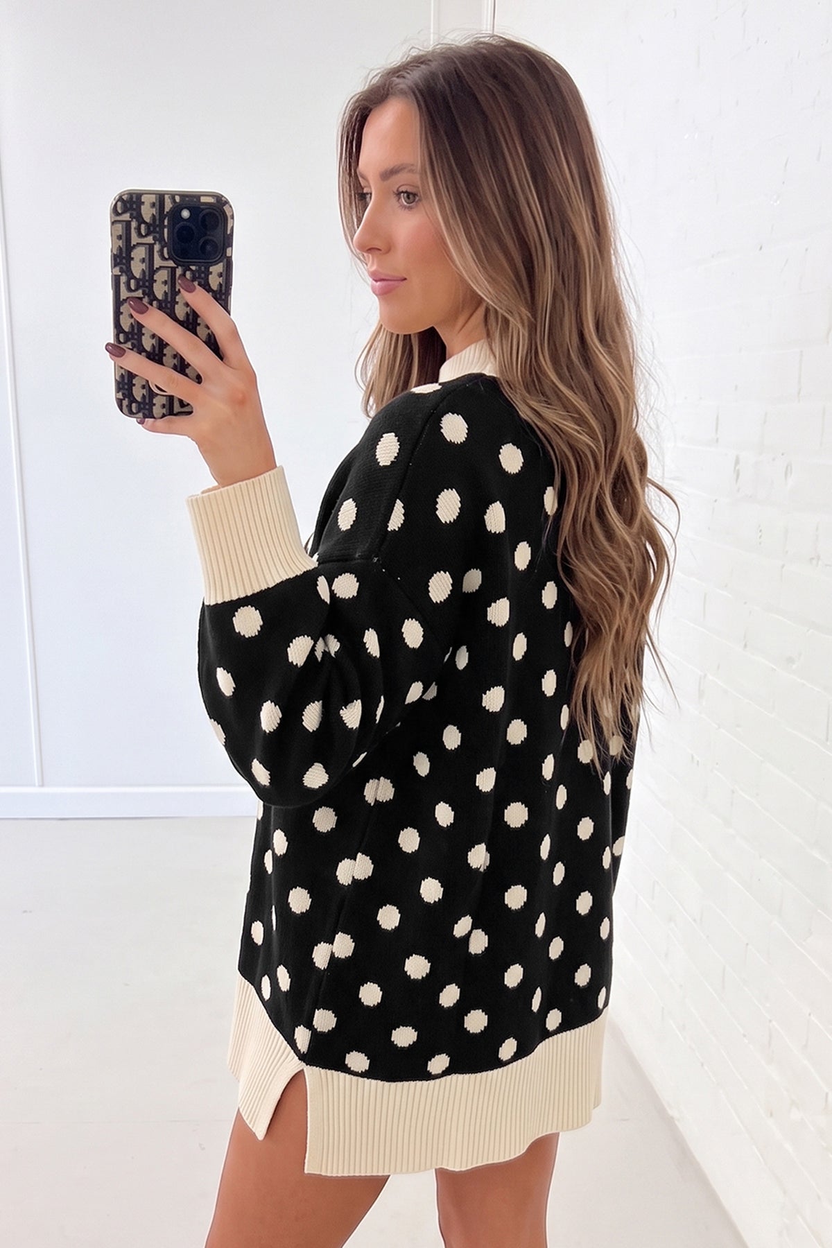 Black Polka Dot Pattern Ribbed Colorblock Trim Split Tunic Sweater PREORDER ETA 3 WEEKS