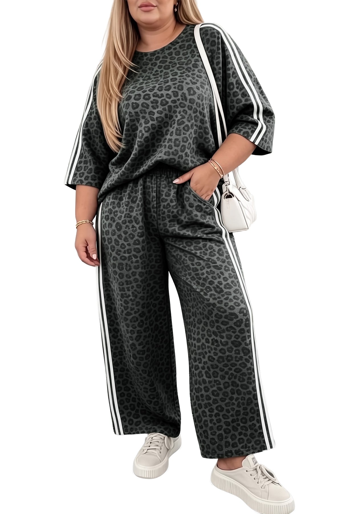 Gray Leopard Print Bracelet Sleeve Top Plus Size Loose Pants Set PREORDER ETA 3 WEEKS