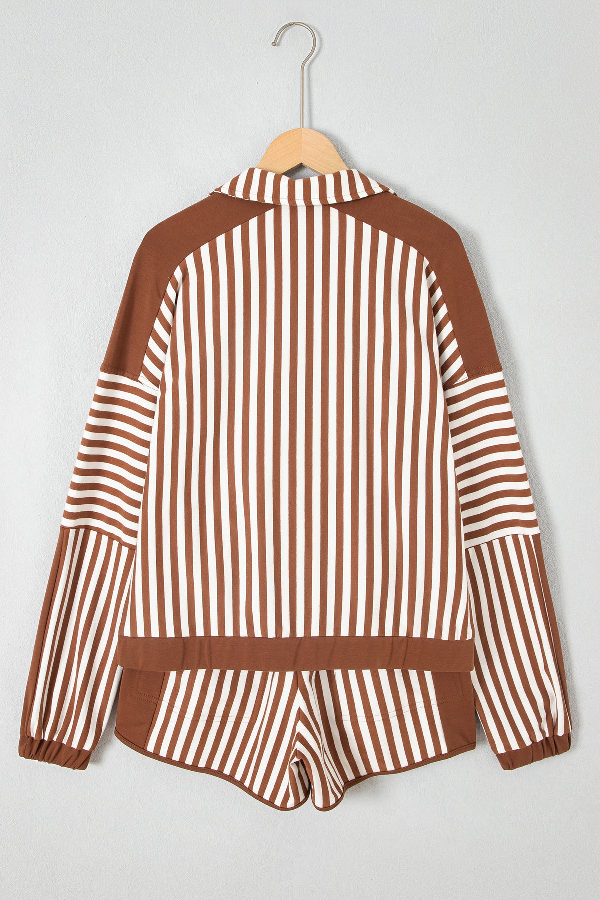 Brown Stripe Color Block Patchwork Quarter Zip Pullover Sporty Shorts Set PREORDER ETA 3 WEEKS